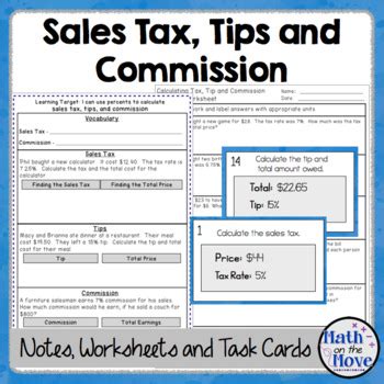 Percents Sales Tax Tips And Commission Notes Task Cards And Worksheet