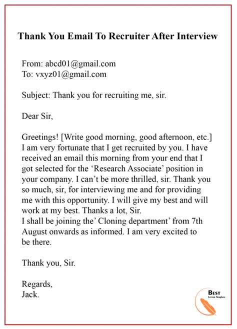 Perfect Thank You Email To Recruiter Sample Resume Format For