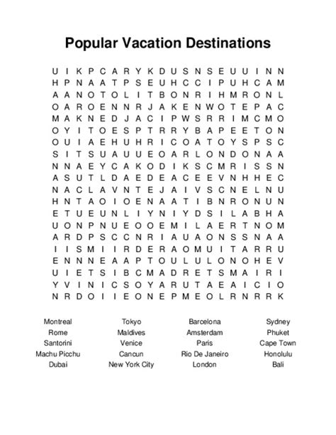 Popular Vacation Destinations Word Search