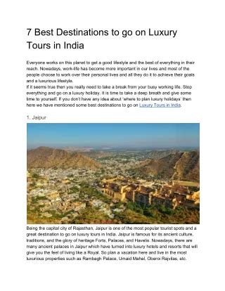 Ppt 7 Best Destinations To Go On Luxury Tours In India Powerpoint