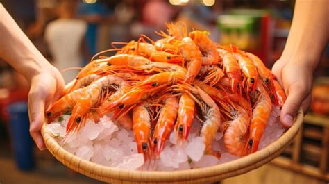 Premium Ai Image A Vendor S Hand Holding A Basket Of Fresh Shrimp