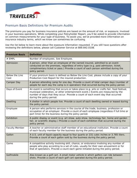 Premium Basis Definitions Premium Audit Travelers Insurance