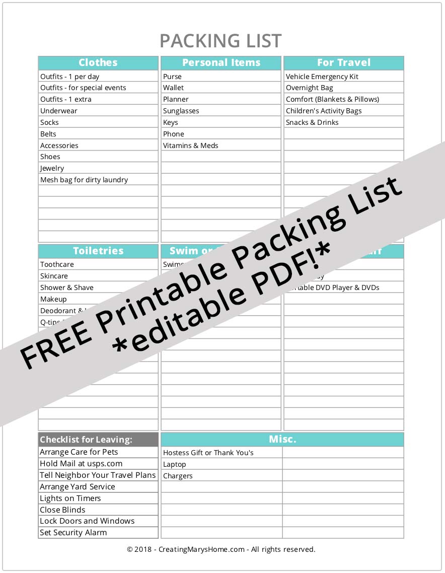 Printable Packing List Pdf