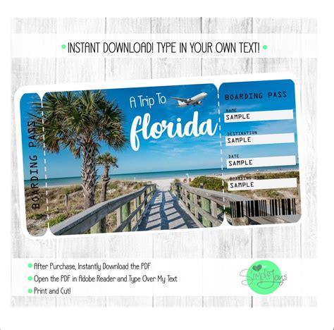 Printable Ticket To Florida Boarding Pass Surprise Beach Etsy