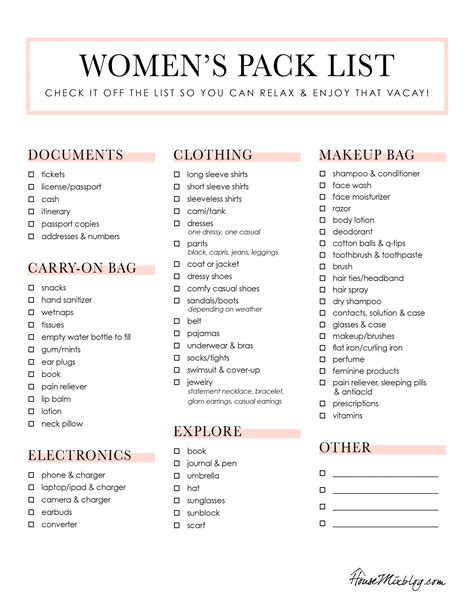 Printable Woman Travel Pack Checklist