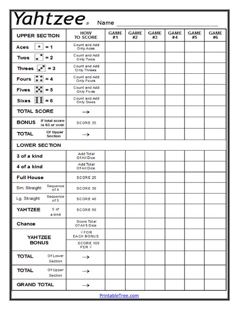 Printable Yahtzee Game Score Sheet