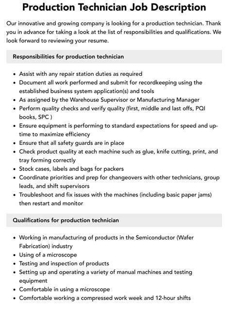 Production Tech Job Description Velvet Jobs