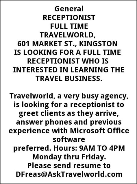 Receptionist Full Time Travelworld