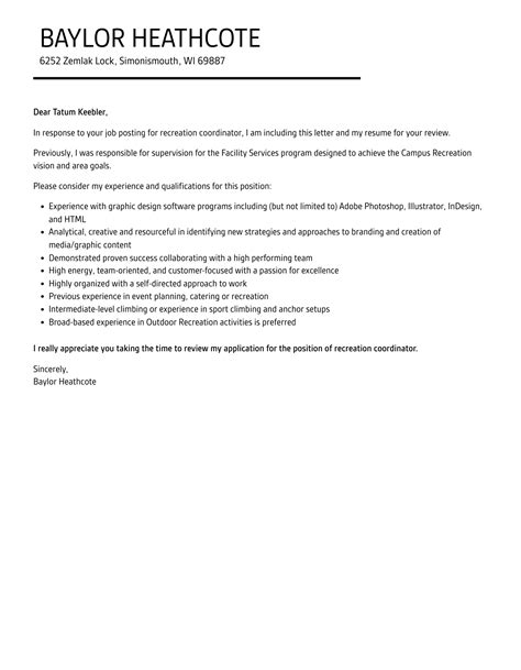 Recreation Coordinator Cover Letter Velvet Jobs