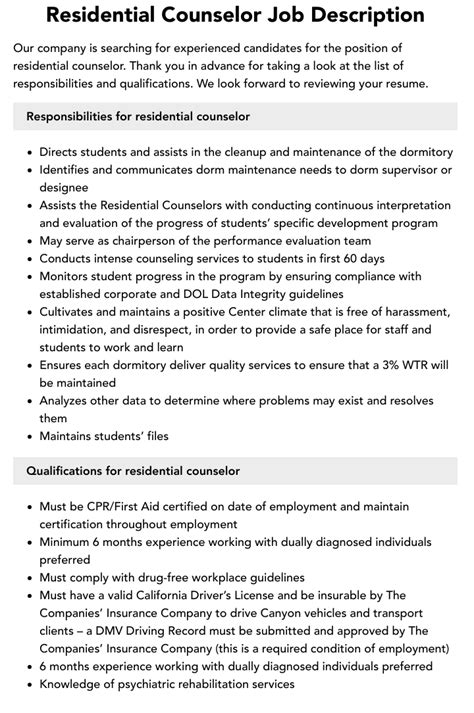 Residential Counselor Job Description Velvet Jobs