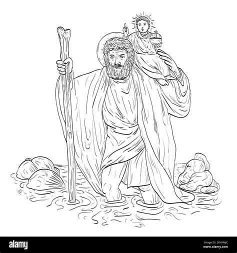 Saint Christopher Carrying Child Jesus Crossing River Medieval Style Line Art Drawing Stock