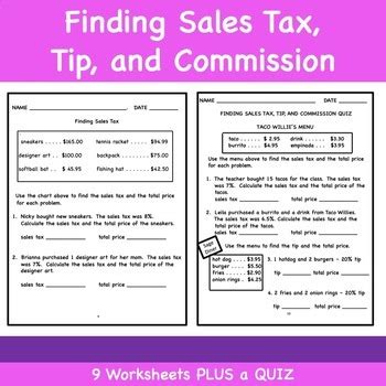 Sales Tax Tip And Commission No Prep Worksheets Plus Quiz Tpt