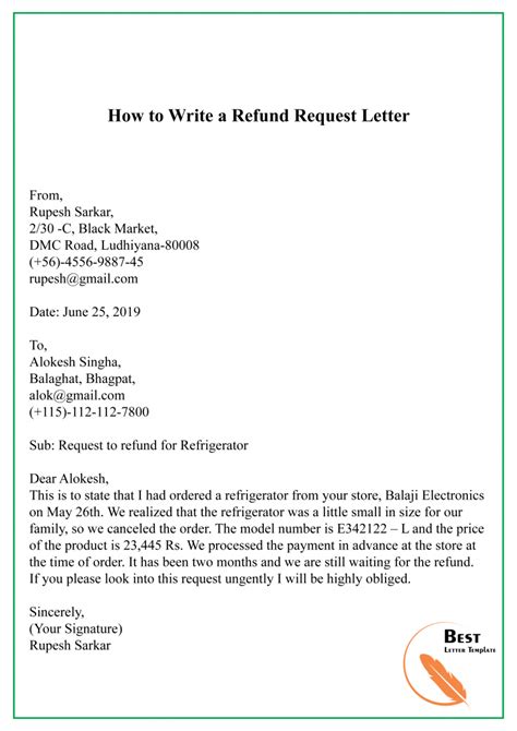 Sample Of Refund Request Letter