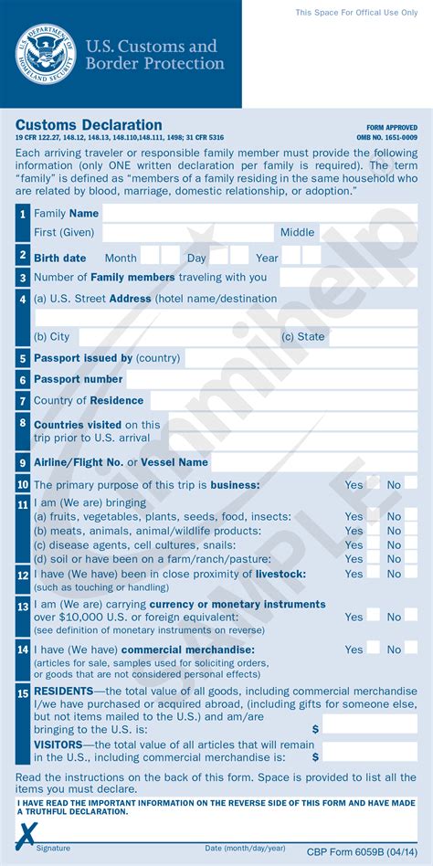 Sample Us Customs Declaration Form 6059B Immihelp