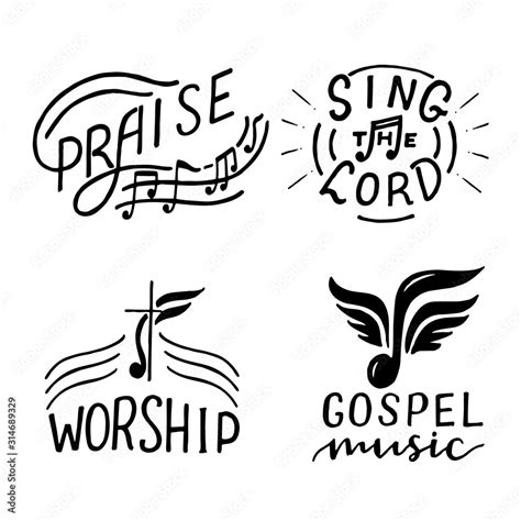 Set With 4 Hand Lettering Logo Sing The Lord Praise Worship Gospel Music Stock Vector