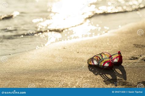 Shoes On The Beach In Sunset Time Stock Photo Image Of Starfish Flop 39471430