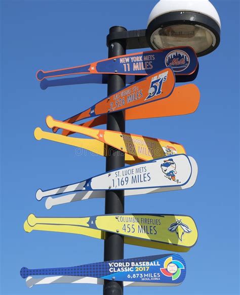 Signpost In Front Of Mcu Ballpark In Brooklyn Showing Distance To