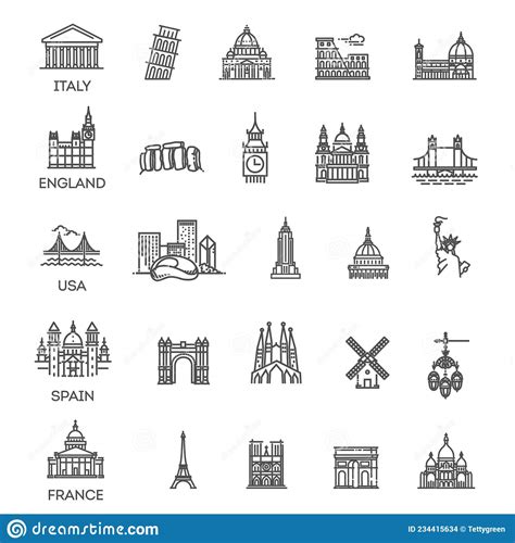 Simple Linear Vector Icon Set Representing Global Tourist Landmarks And