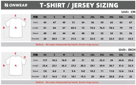 Size Charts Onwear Custom Esports Jersey Design Print