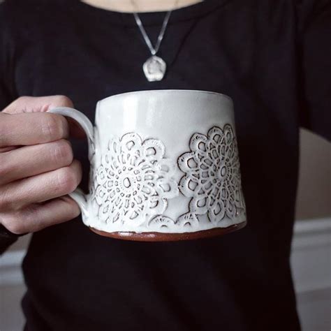 Slab Built Mug With Pressed Doily Pattern In White I Made Some