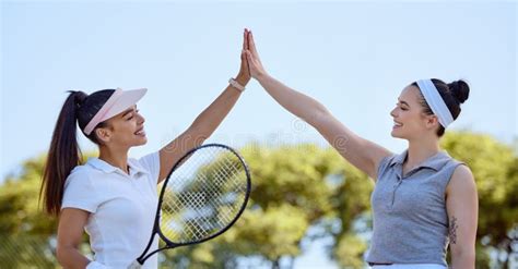 Sports Team High Five And Tennis Friends Happy After Game Win