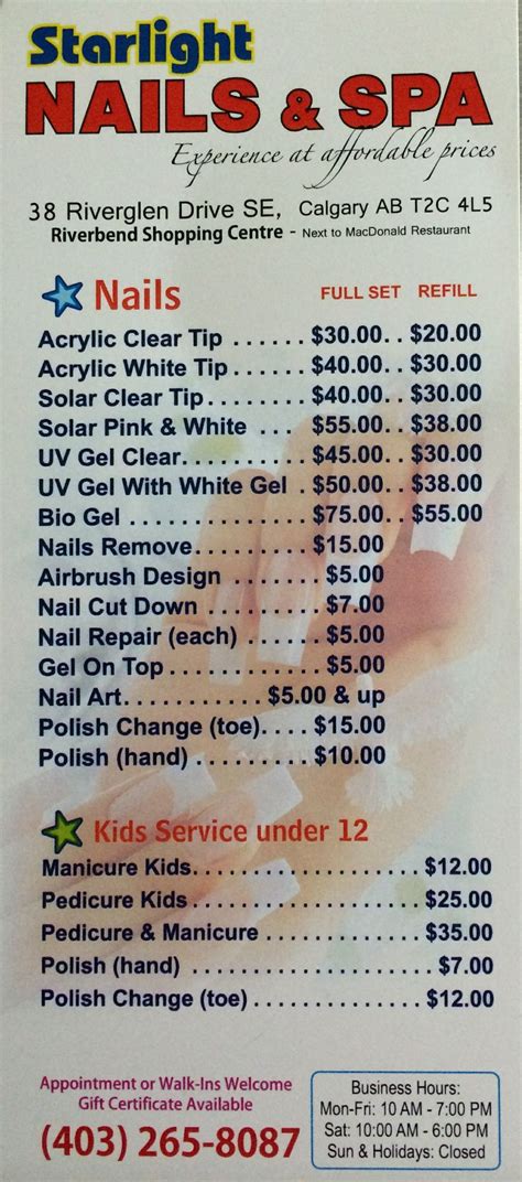 Starlight Price List Nail Salon Prices Nail Prices Acrylic Nails Price