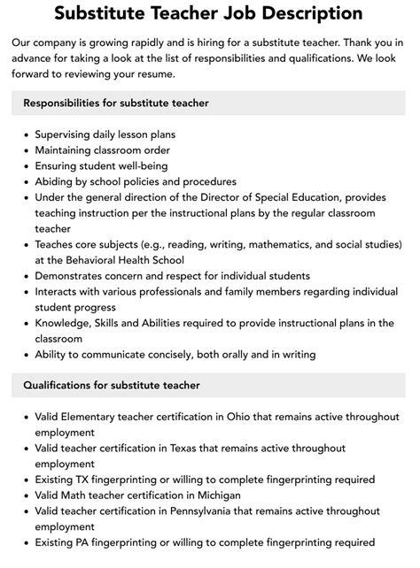 Substitute Teacher Job Description Velvet Jobs