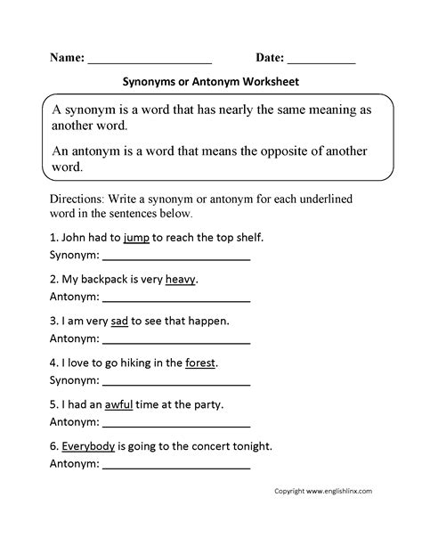 Synonyms And Antonyms Worksheets For Grade 6