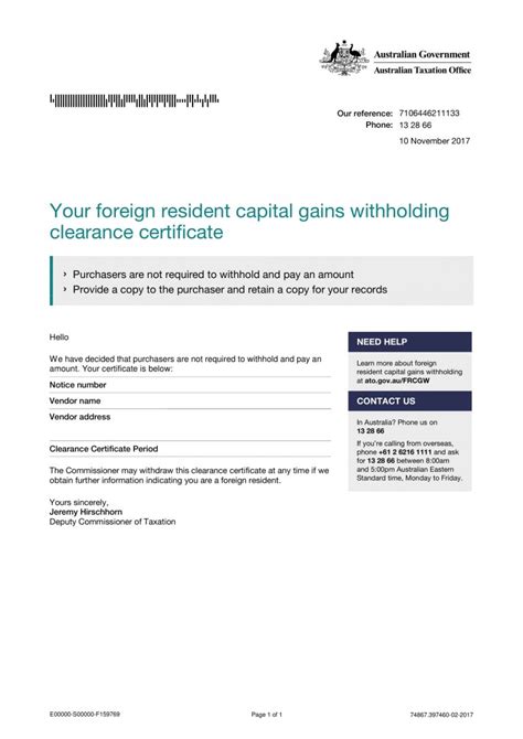 The Foreign Resident Capital Gains Withholding Clearance Certificate