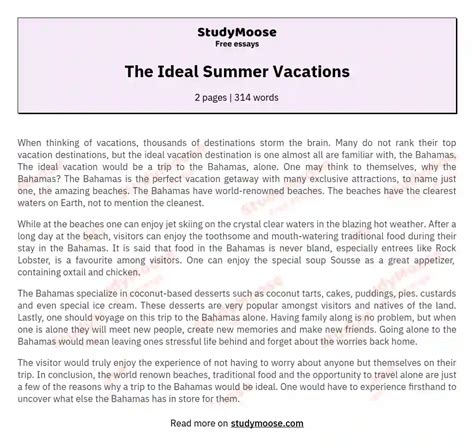 The Ideal Summer Vacations Free Essay Example