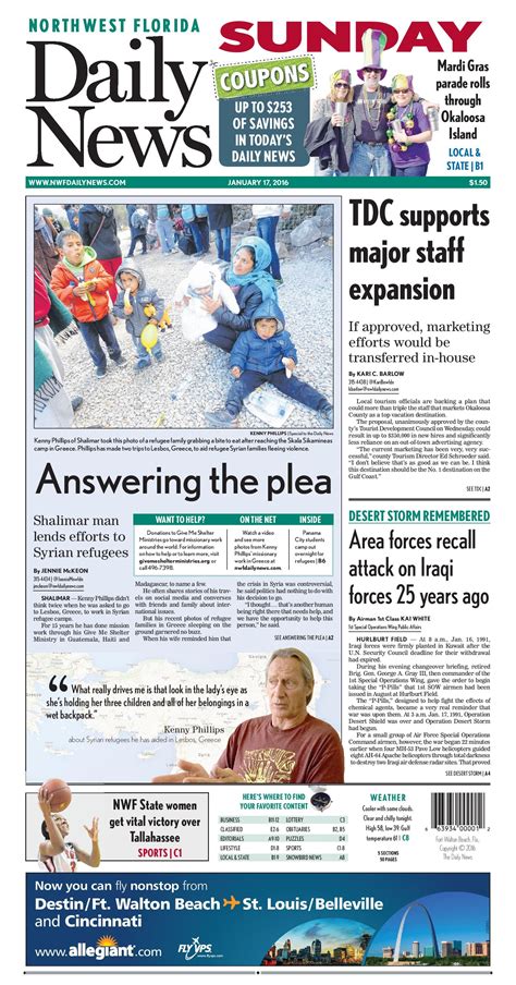 The Jan 17 2016 Front Page Of The Northwest Florida Daily News