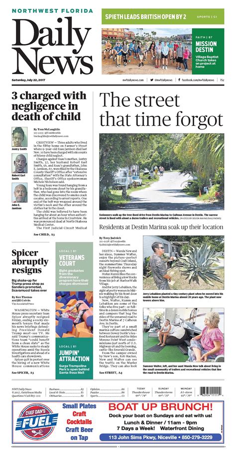 The July 22 2017 Front Page Of The Northwest Florida Daily News