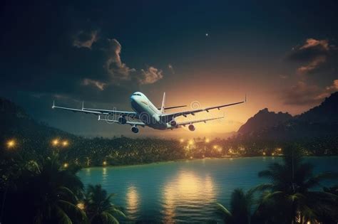 The Plane Flies Over The Tropical Island Travel To Warm Countries