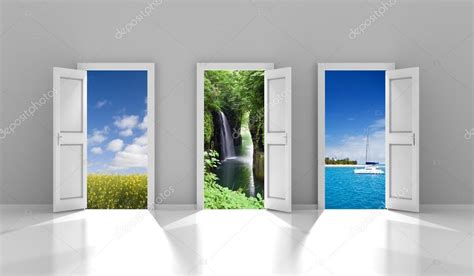 Three Doors Leading To Different Travel Destinations Stock Photo By