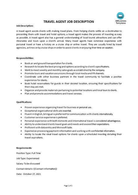 Travel Agent Job Description Template