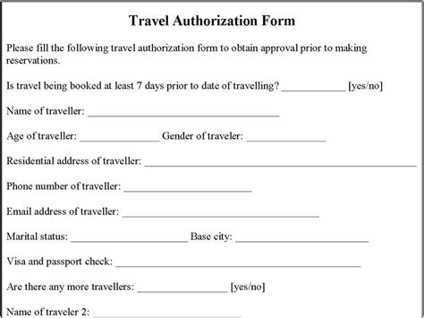 Travel Authorization Form Template Hq Printable Documents