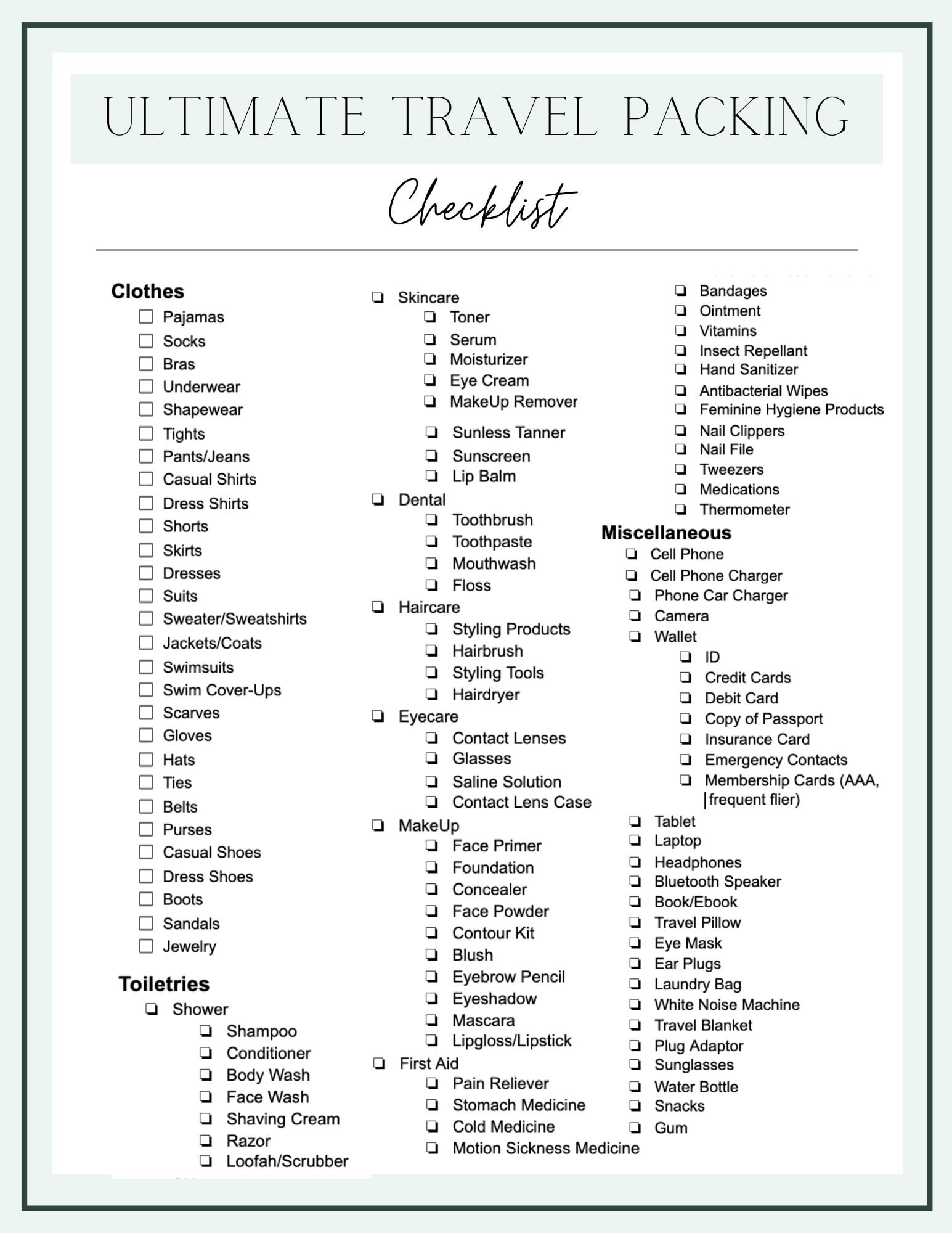 Travel Checklist Free Printable