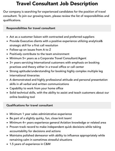 Travel Consultant Job Description Velvet Jobs