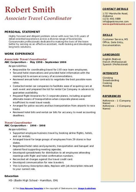 Travel Coordinator Resume Samples Qwikresume