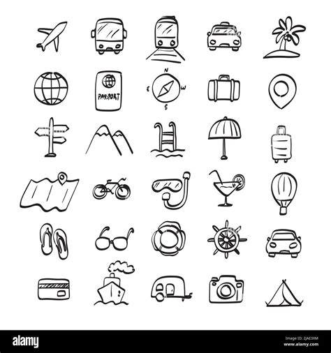 Travel Icon Set Illustration Vector Hand Drawn Isolated On White