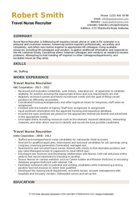 Travel Nurse Recruiter Resume Samples Qwikresume