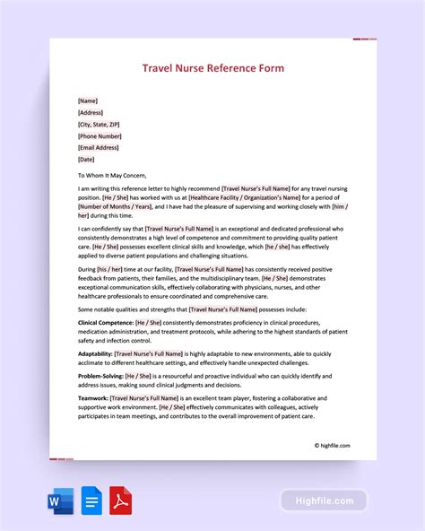 Travel Nurse Reference Form Word Pdf Google Docs Highfile