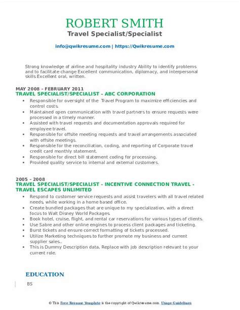 Travel Specialist Resume Samples Qwikresume