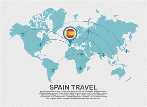 Travel To Spain Poster With World Map And Flying Plane Route Business