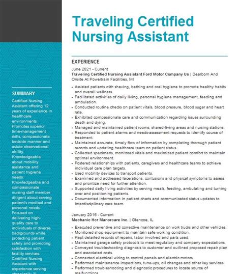 Traveling Certified Nursing Assistant Resume Example