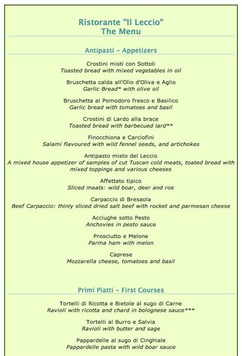 Typical Italian Menu Italian Restaurant Menus From Maremma Italy Italian Menu Italian