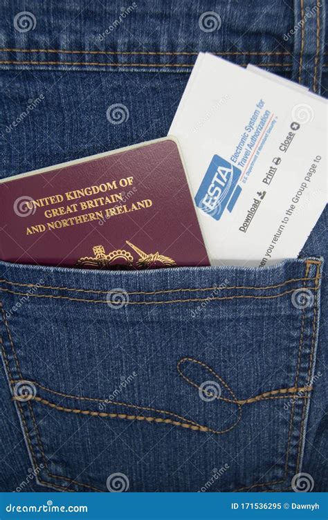 Uk Passport And Esta Form In Blue Jeans Pocket Editorial Image Image