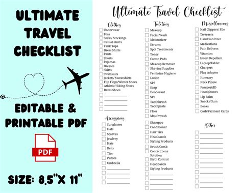 Ultimate Travel Checklist Editable Travel Checklist Etsy