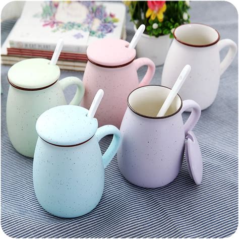 Unique 5 Color Starry Retro Milk Cup Ceramic Coffee Mug With Lid Spoon