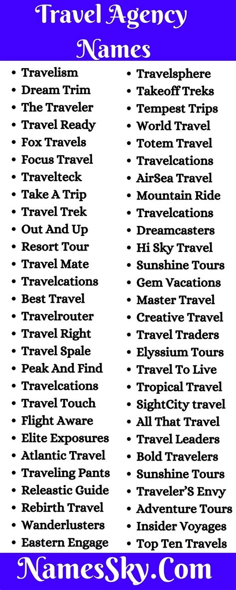 Unique Tour And Travel Agency Name Ideas Travel Company Names Travel